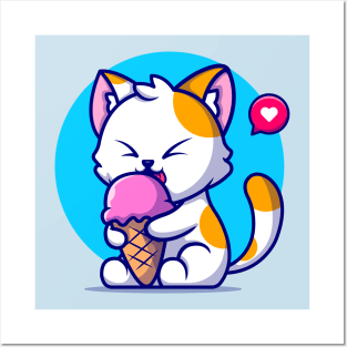 Cute Cat Eating Ice Cream Cone Cartoon Posters and Art